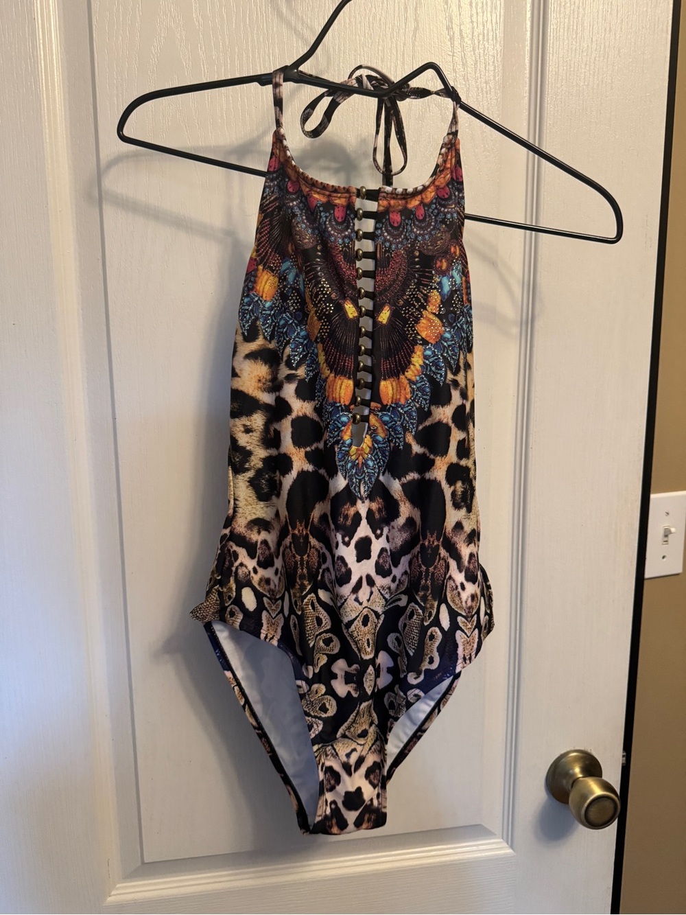 Leopard Print One-Piece Swimsuit with Colorful Embellished Front